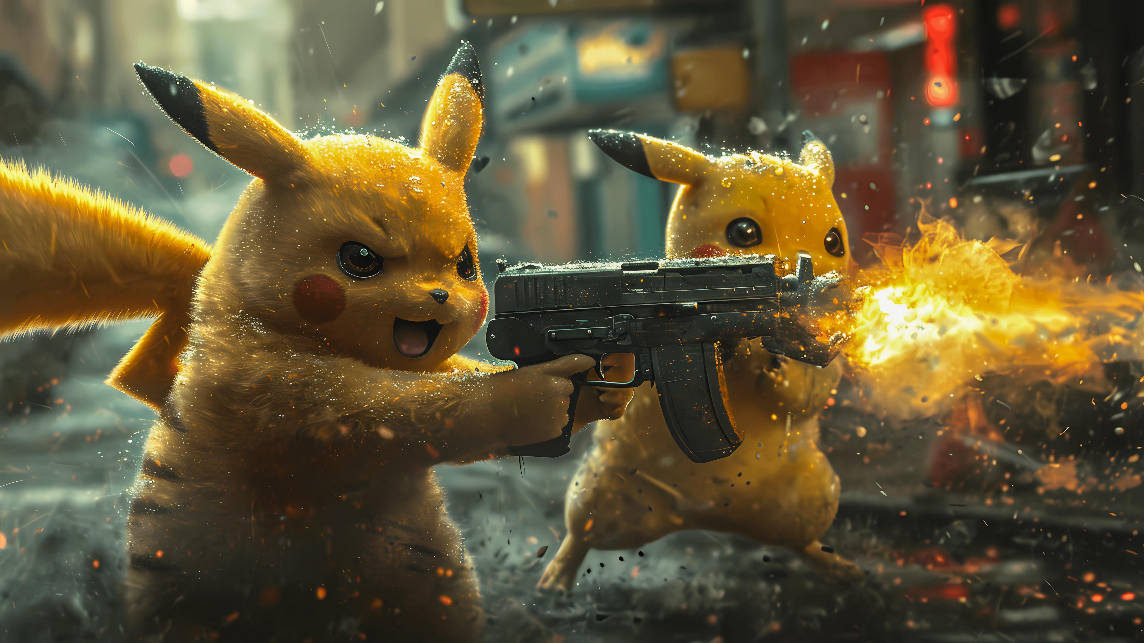 Pikachu pokemon with guns 4k wallpaper ai created firing | PC and ...