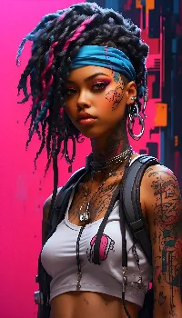 An african american anime tatoo artist in cyberpunk look