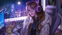 Anime lofi girl with cute cat 4k desktop wallpaper headphone
