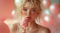 Beautiful blonde girl with ice cream 4k pc wallpaper