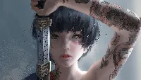 Cute girl warrior anime 4k desktop wallpaper with sword