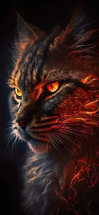 Danger look cat with fire effect dark background wallpaper