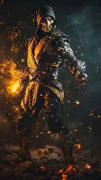 Danger looking fighter with fire effect in ninja dress 