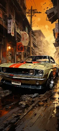 Ford Mustang AI generated in Tokyo street orange sky image