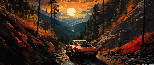 Ai created sunset 4k wallpaper traveling car nature mountain