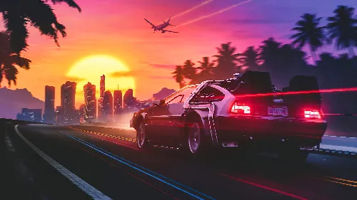 Delorean car sunset view building background 4k wallpaper