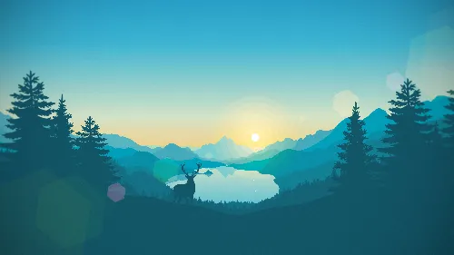 Sunset Mountain View 2D Painting Wallpaper with Pine Trees